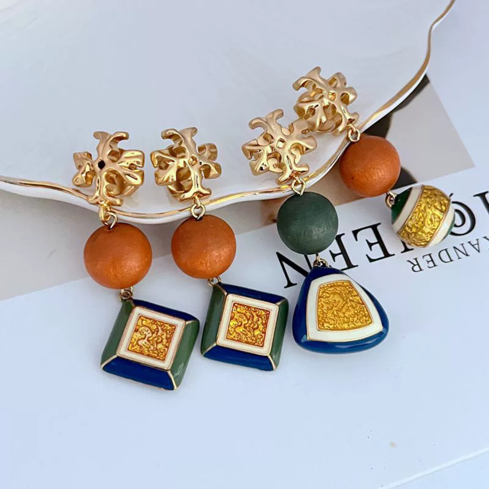 Tory Burch Enamel Wood Beads Drop Earrings